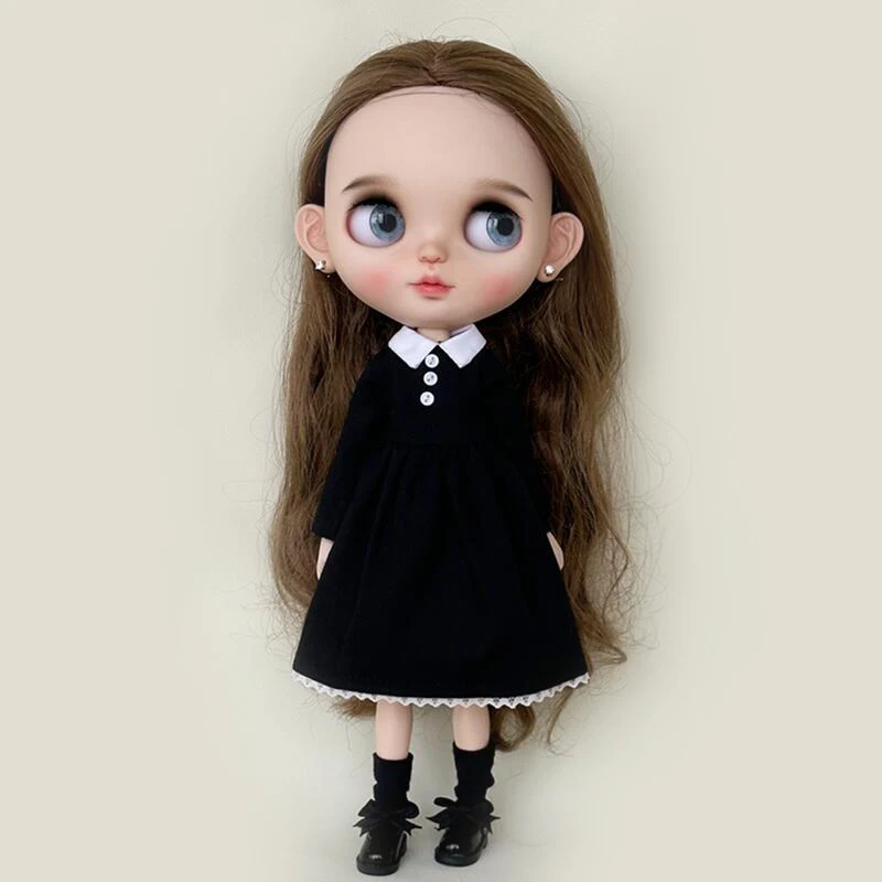 New Arrival Handmade Blythe Clothes Round Neck Long Sleeve Black Dress for Barbie Blyth OB24 Azone 1/6 Doll Accessories images - 6