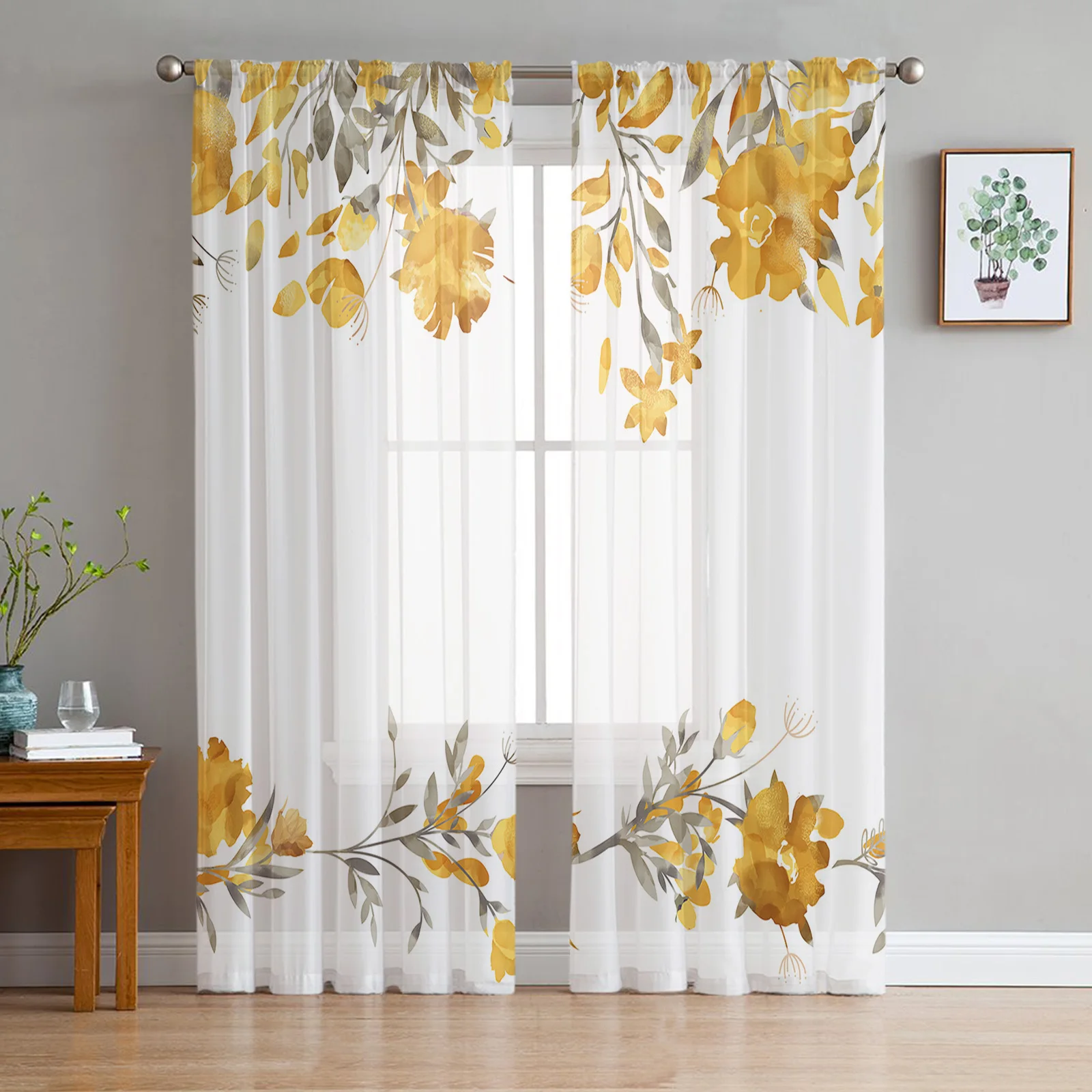 

Цветочные и растительные акварельные желтые тюлевые занавески для гостиной, спальни, прозрачные оконные шторы, занавески для кухни, балкона, вуаль