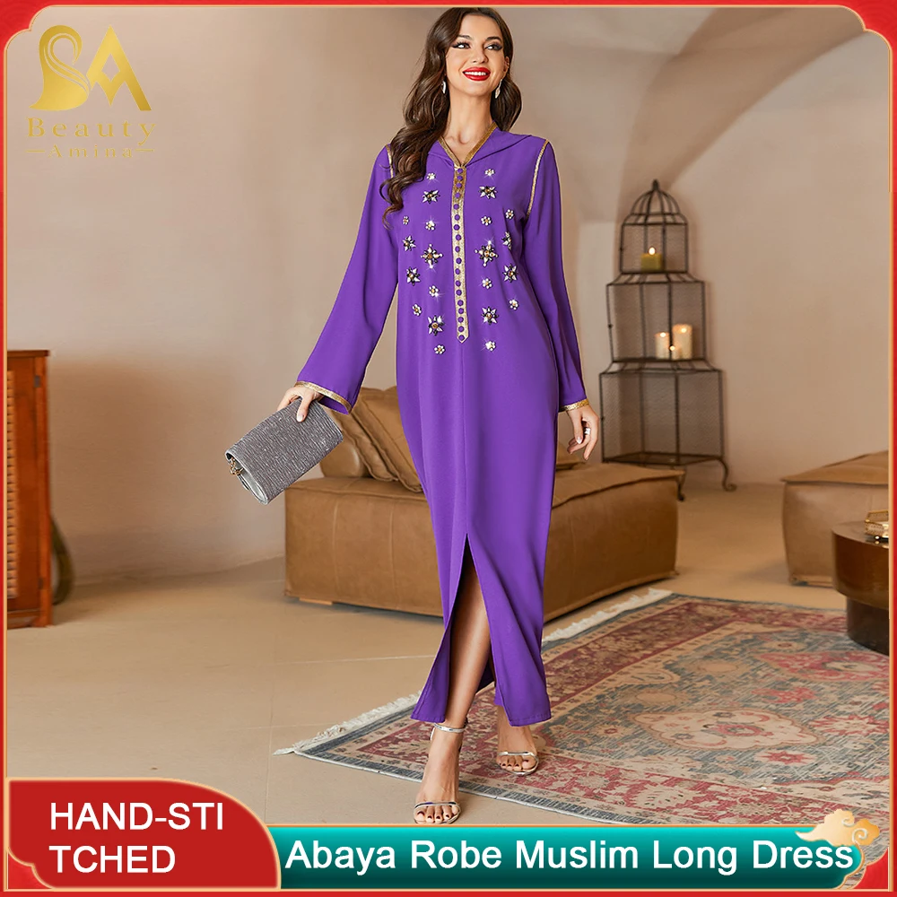 Abaya Robe Islamic Festival National Costume New Purple Diamond Flower Patchwork Gold Ribbon Hooded Dress National Costume Robe