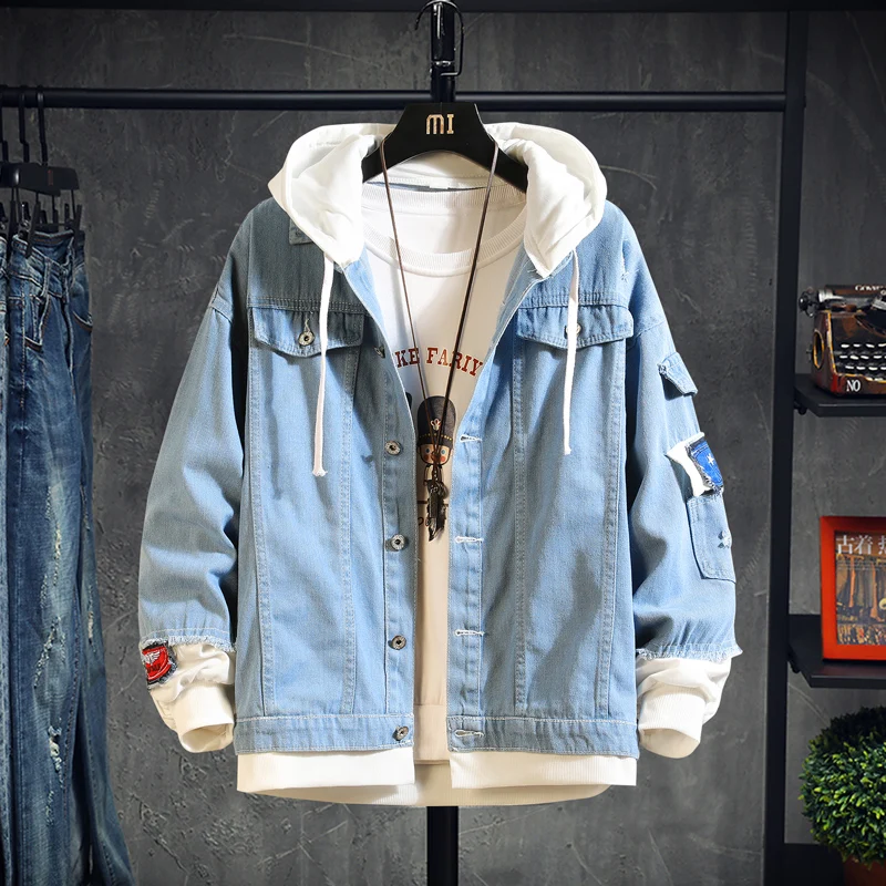 

2022 Hooded Denim Jacket Men's Hip Hop Jeans Coat Retro Jean Jacket Street Casual Bomber Jacket Outerwear Hoodies
