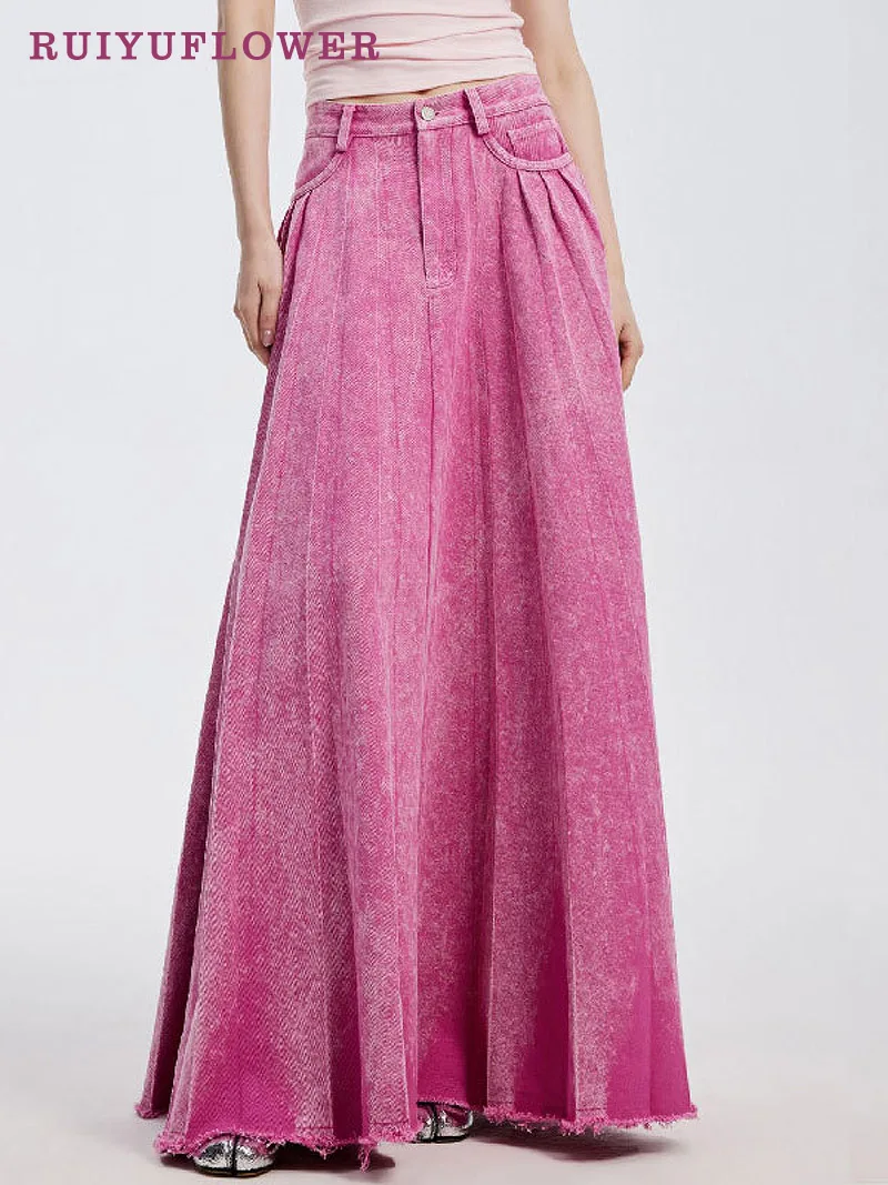 

Spring Autumn Winter Lady Korean Retro Women Clothing Casual High Waist A Line Floor Length Long Pleated Female Pink Denim Skirt