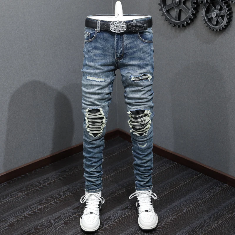 Street Fashion Men Jeans Retro Dark Blue Stretch Elastic Skinny Ripped Jeans Men Leather Patched Designer Hip Hop Brand Pants