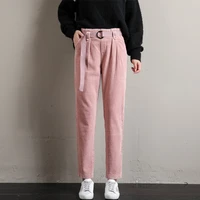 spring fashion trend vintage ladies full length pants with sashes women solid corduroy harem pants winter casual loose trousers