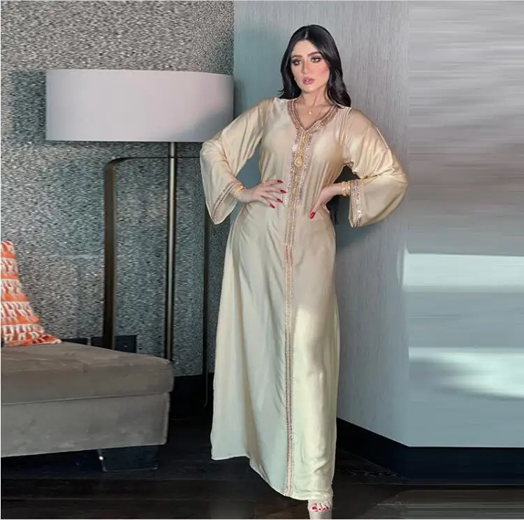 

Morocco Kaftan Women's Dress Arab Islamic Long Sleeve Robe Dubai Women's Fashion 2022