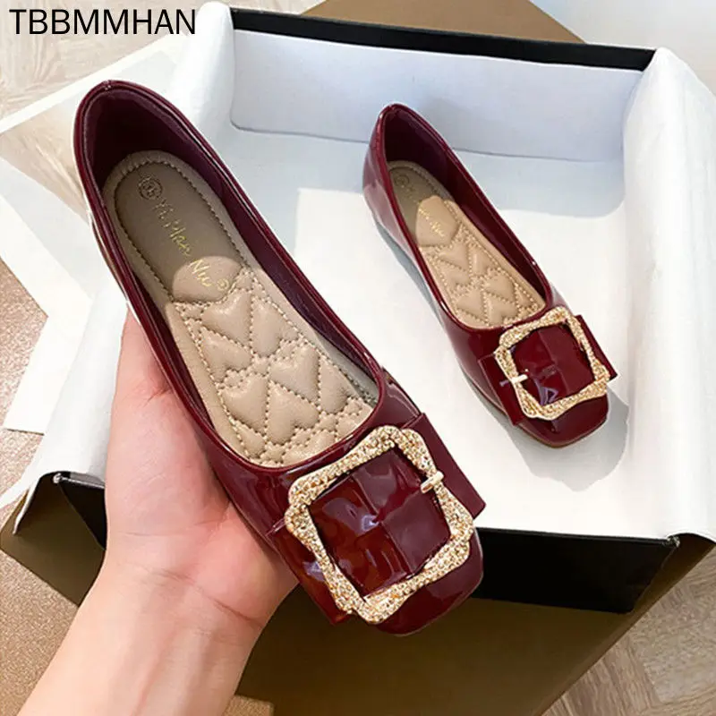 

Brand Wine Red Patent Leather Single Shoes Women's 2022 Autumn New Square Toe Versatile Soft Sole Female Shoes Rhinestone Flats
