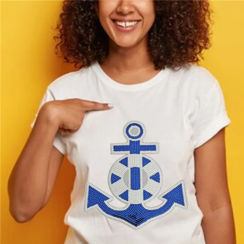 Сверкающая синяя нашивка с блестками и якорем для лодки аппликация украшения