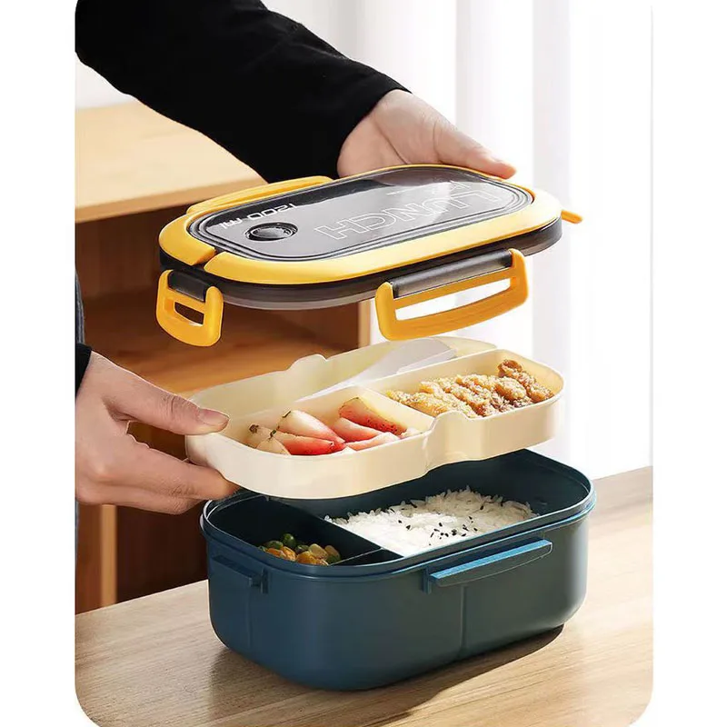 

Portable Hermetic Lunch Box 2 Layer Grid Children Student Bento Box with Fork Spoon Leakproof Microwavable Prevent Odor School