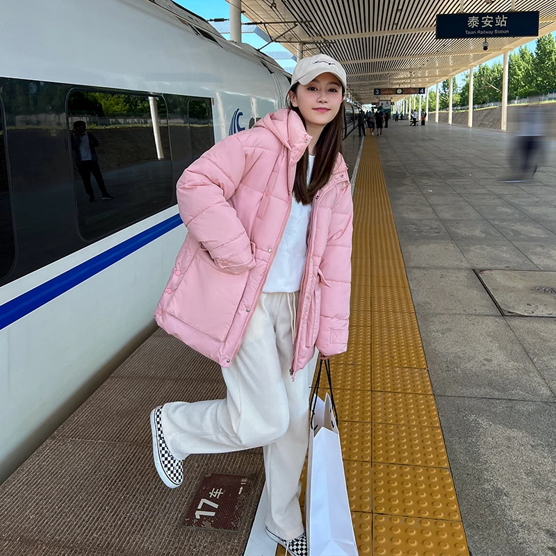 2022 Women's Winter Jacket Streetwear Hooded Solid Color Padded Coat Warm Female Parkas Black Winter Women Clothing
