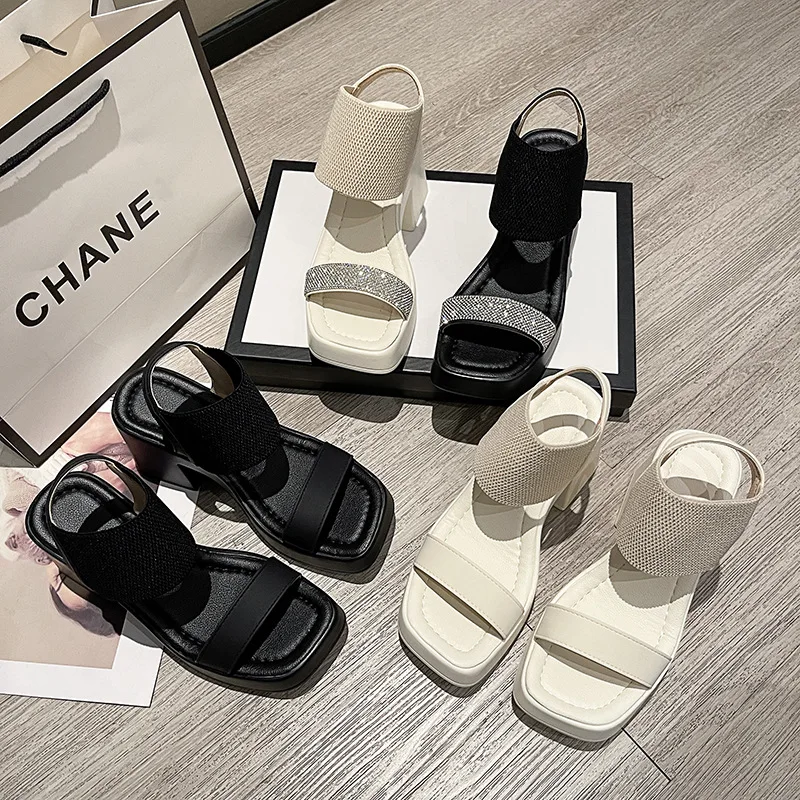 

New Summer Foreign Trade Square Head Open Toe European American Style One Word with Thick Heels Caligae