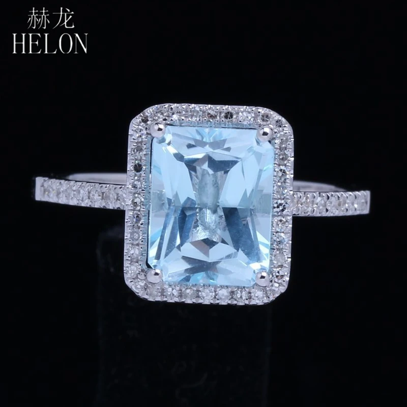 

HELON Solid 14k 10K White Gold Emerald Cut 8.5x6.5mm Genuine Sky Blue Topaz Diamonds Women Jewelry Engagement Wedding Ring Gift