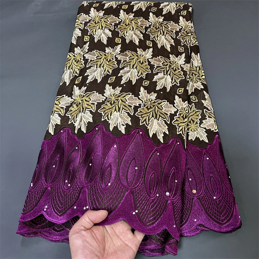 2023 Latest High Quality African Nigerian Pure Tulle Damask Lace Fabric Embroidery Party Dress Sequins Cotton 5yards images - 6