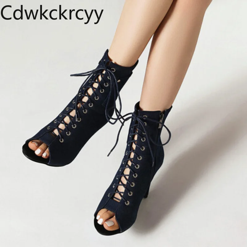 

summer fashion Fish beak high-heeled Women's cool boots Denim Crossed frenulum Slender heel Rome Women sandals size 34-44