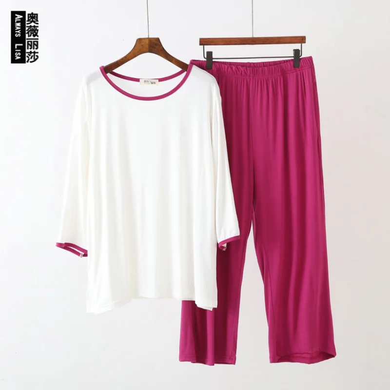 The New Women Pajamas Modal Cotton Pajama Sets Plus Size T-shirt Color Contrast Sleepwear Light and Soft Loose Pijama Woman Set