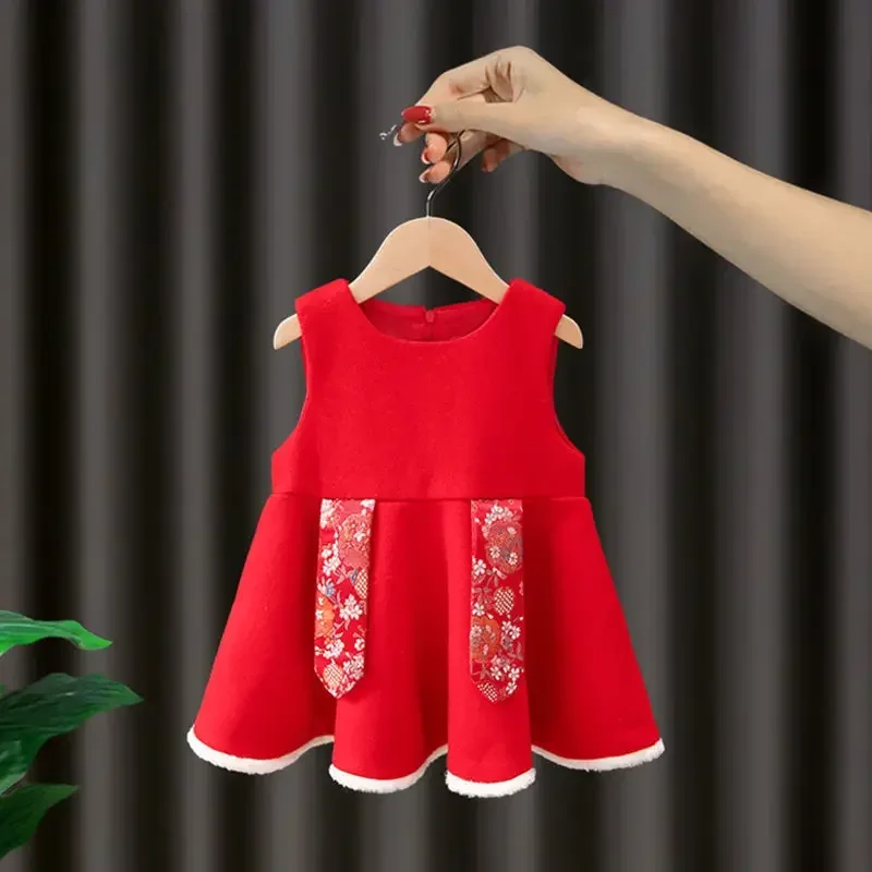 Новинка 2024 зимний большой красный костюм для девочек платье + куртка с длинным