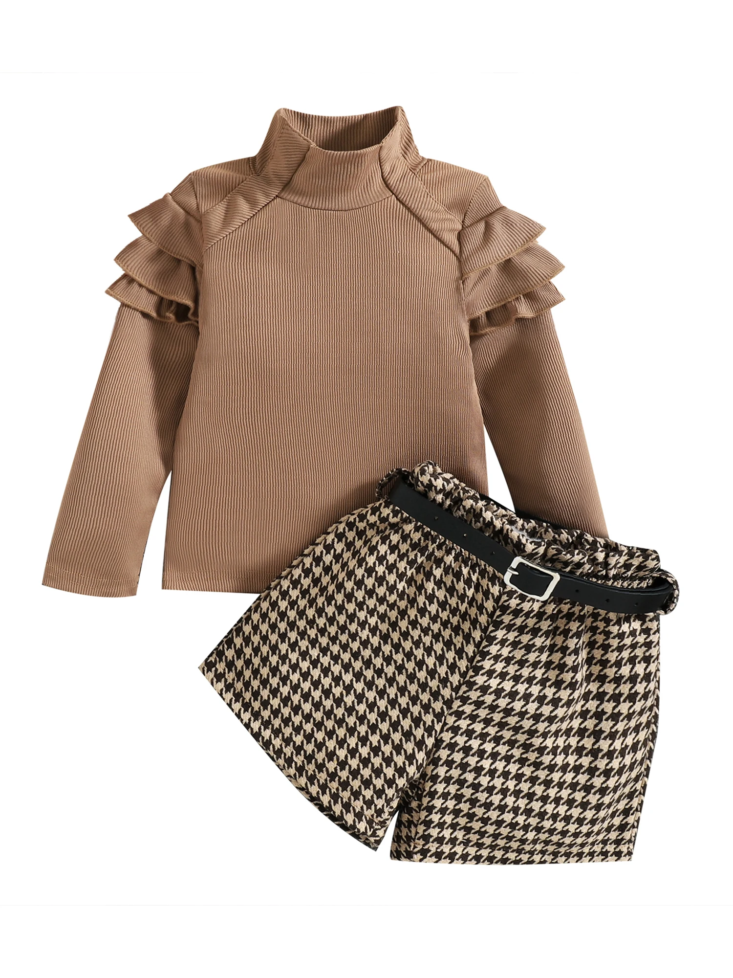 

Комплект для маленьких девочек, рубашка с оборками и длинным рукавом, топ с оборками, шорты с рисунком «гусиные лапки», 2 шт., детская одежда д...