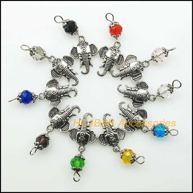 

10 New Animal Elephant Charms Tibetan Silver Plated Pendants Mixed Round Crystal 16x22mm