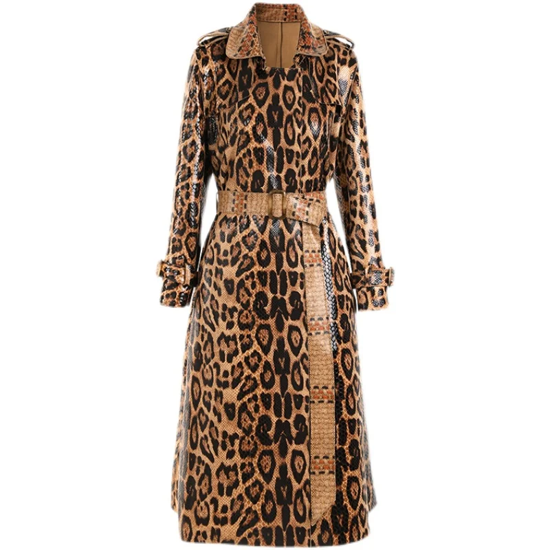Luxury Designer Winter Snake Pattern Printing PU Leather High Street Quality Long Straight Trench Women Coats