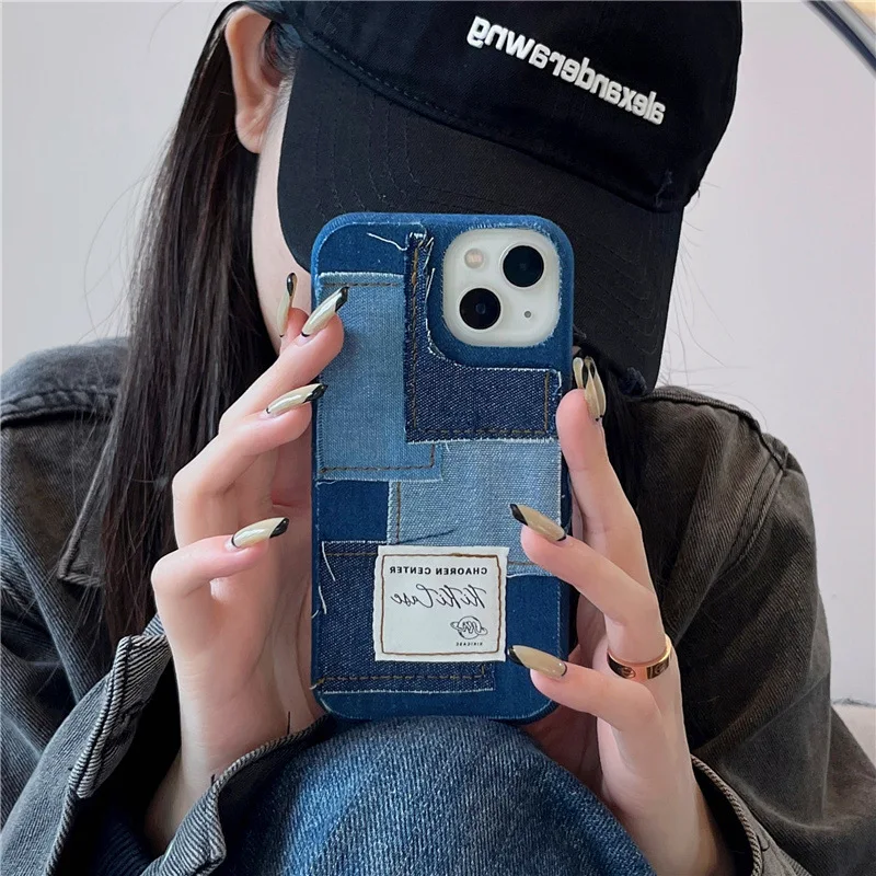 

Blue Denim Canvas Patchwork Phone Cover Case for iPhone 14 13 12 11 Pro Max 14 13 12 11 Plus