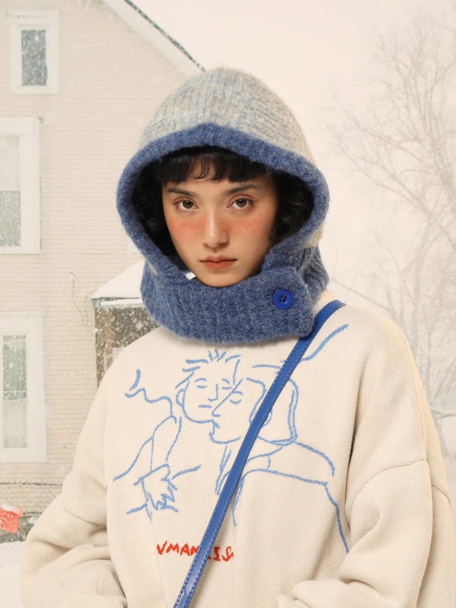 

Балаклава шапка женская зимняя слюнявчик одна модная универсальная теплая вязаная шапка для холодной погоды индивидуальный нишевой Толстый Пуловер разных цветов шапки