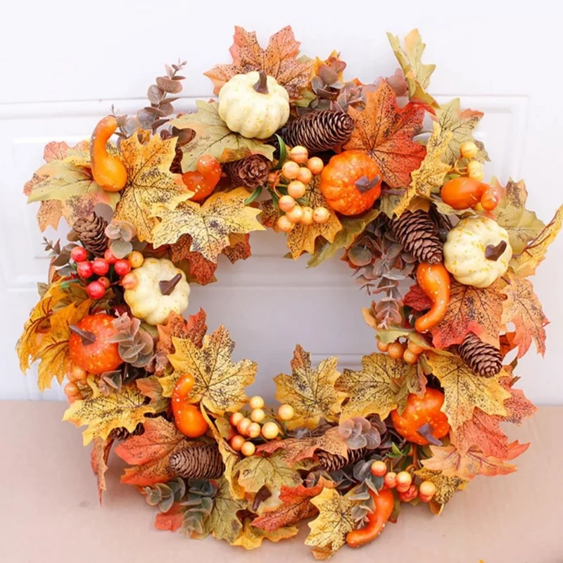 

40/50cm Autumn Door Wreath Christmas Halloween Decoration Pumpkin Berry Pine Cone Maple Artificial Wreath Thanksgiving Garlands