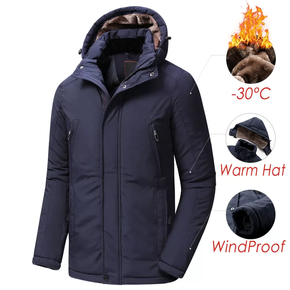 2023NEW 2021 Winter New Long Casual Thick Fleece Hooded Waterproof Parkas Jacket Coat Men Outwear Fashion Pockets Parka Jacket 4