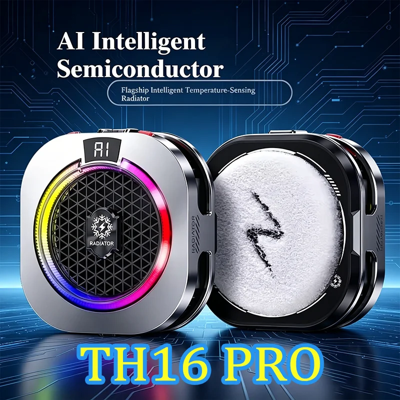 Фото НОВЫЙ Мобильный кулер TH16 Pro 24W с магнитным креплением и клипсой, радиатор для охлаждения с цифровым дисплеем, RGB-подсветкой и контролем температуры для гейминга №1