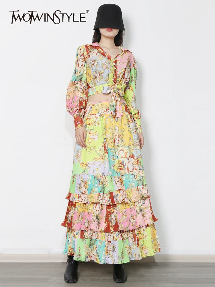 

TWOTWINSTYLE Vintage Two Piece Set For Women Lapel Long Sleeve Tops High Waist Loose Midi Skirts Colorblock Female Sets Fashion