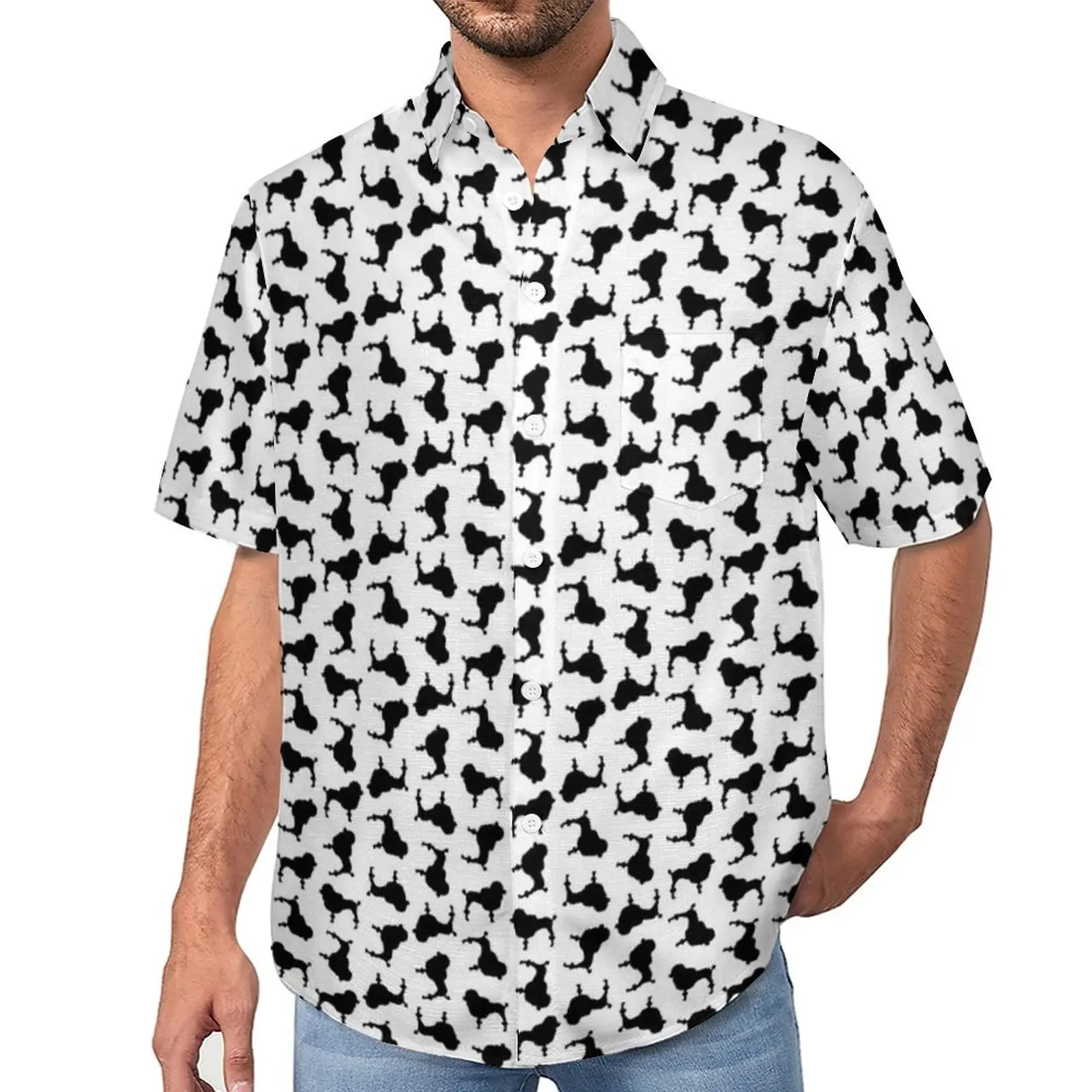 

Cute Poodle Print Casual Shirts Dog Silhouettes Beach Shirt Hawaiian Streetwear Blouses Male Print Large Size