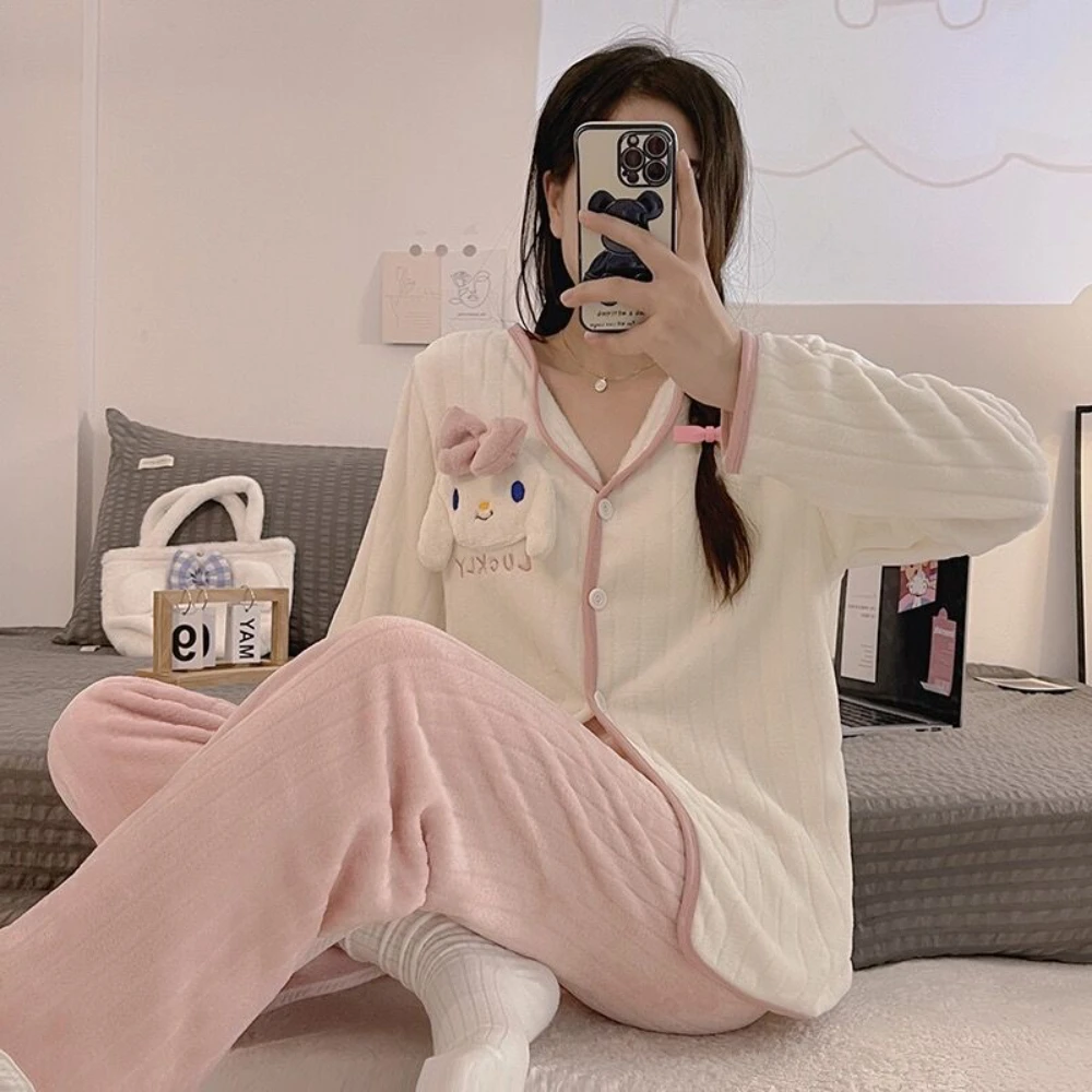 

Kawaii Sanrio Cinnamoroll Long Sleeve Plush Pajama Sets Cartoon Anime Plushie Thick Warm Girls Sleepwear Homewear Clothe Suit