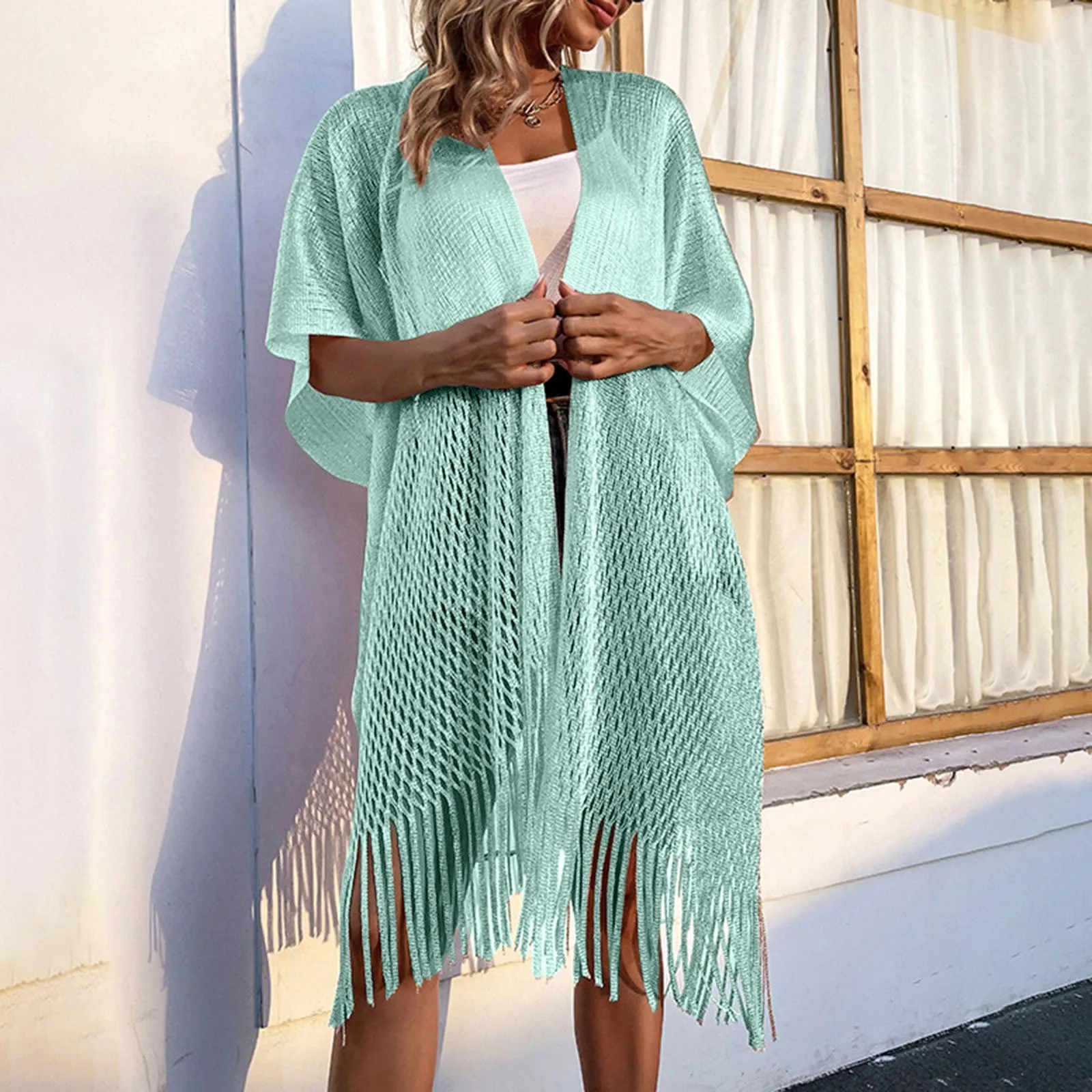Knitted Hollow Casual Cardigan Sun Protection Beach Fringed Cape Smock Coat Rainbow Women Summer Solid Kimono Tassel Shirt Top enlarge