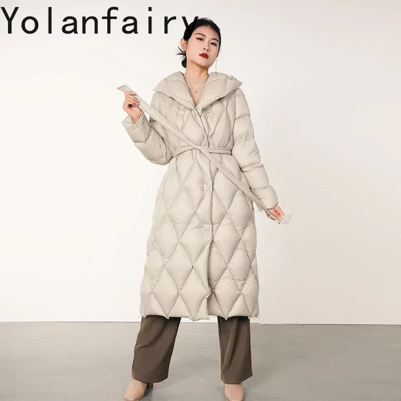 Женский длинный пуховик с капюшоном теплый гусиным пухом зима 2024