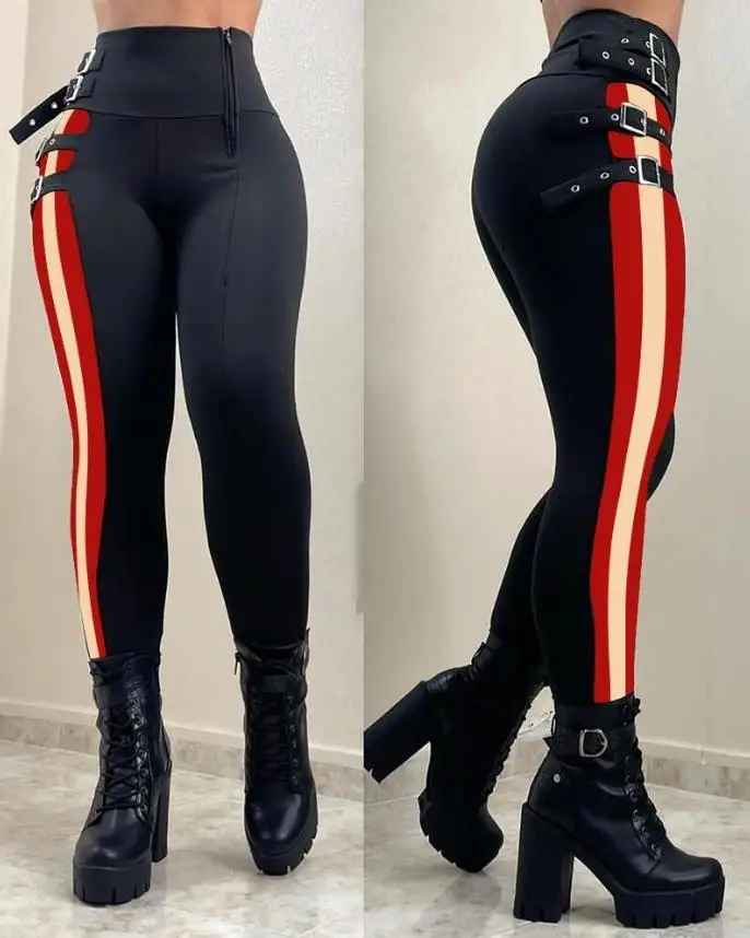 

Contrast Paneled Buckle Decor High Waist Skinny Pants