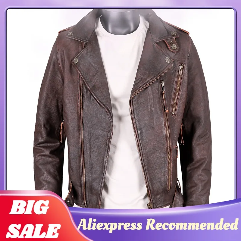 

2022 ретро коричневый мотоциклетный стиль натуральная кожа куртка для мужчин размера плюс 5XL Натуральная Воловья кожа облегающее короткое ба...