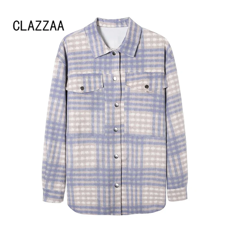 

Clazzaa Women Fashion Plaid Single Breasted Shirt Style Jacket Long Sleeves Lapel Neck Casual Female Warm Overshirt