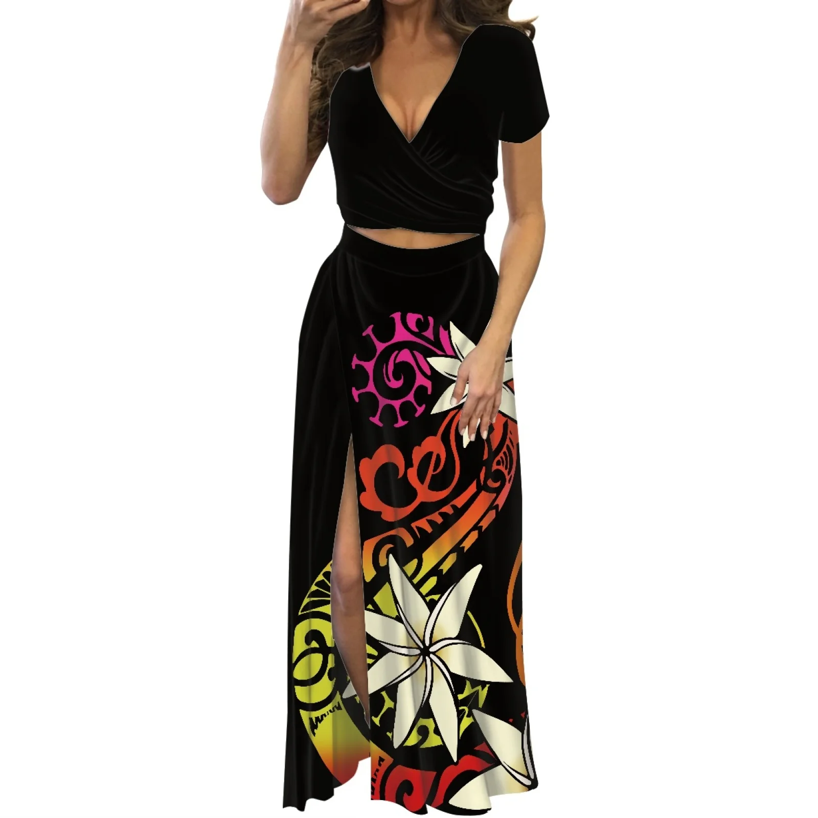 

Short Sleeve V-neck Fashion Dress Polynesian Tribal Print High Quality Elegant Comfortable Women's Maxi Dress Summer High Slit