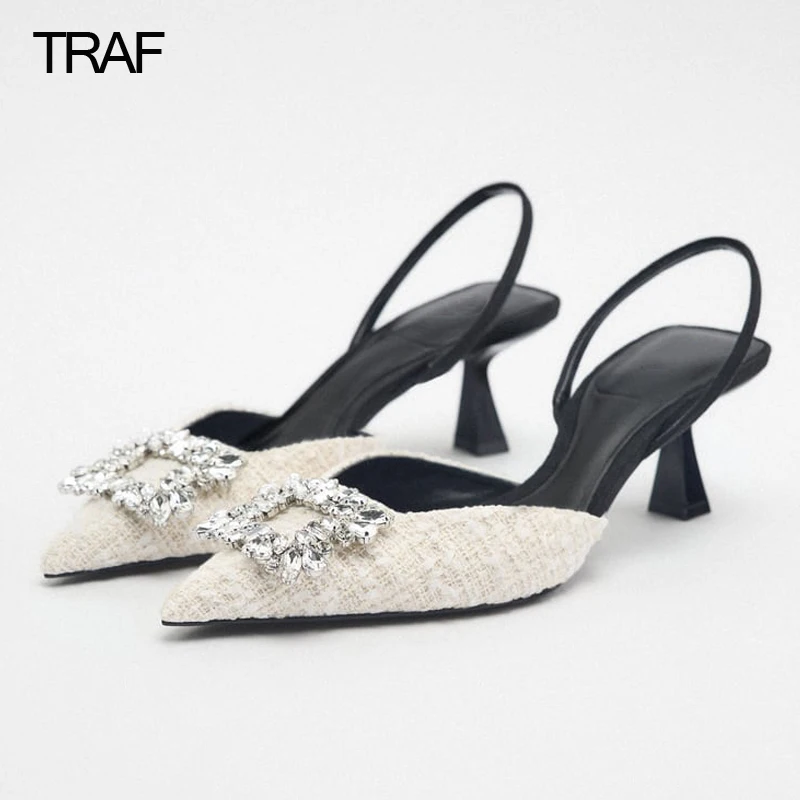 

TRAF High Heel Rhinestone Glitter Heels Woman Pumps Elegant Woman Heeled Shoes Women's White Black Leopord Slingback Pointed toe