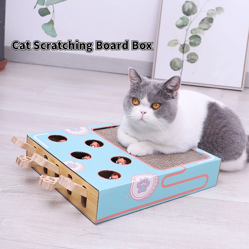 

Cat Toy Whack A Mole Interactive Game Wooden Corrugated Cat Scratching Board Box Wear Scratch Resistant Claw Device Pet Supplies