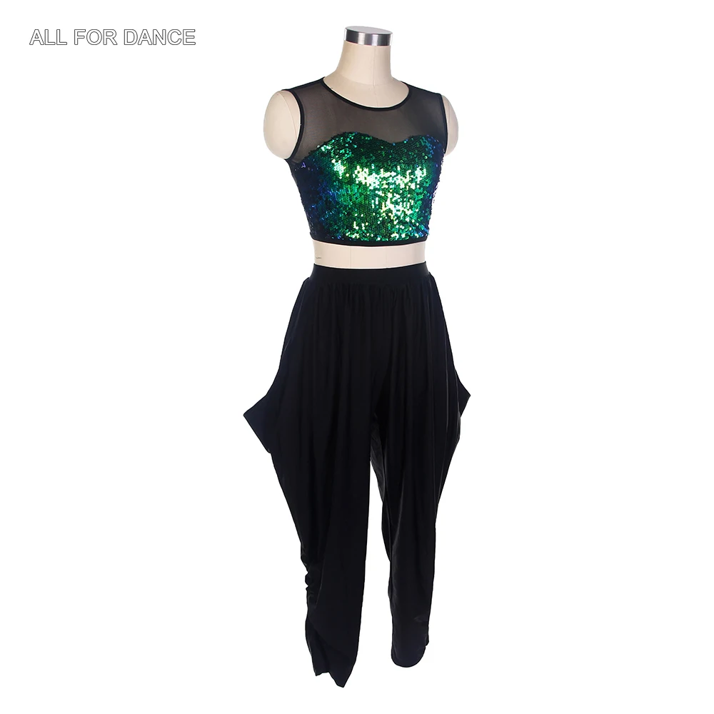 18037 Зеленый танцевальный топ с блестками и черной сеткой черные брюки для