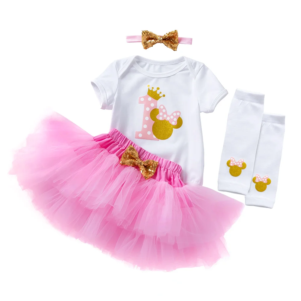 1st Birthday Baby Girl Clothing Set Newborn Cotton bodysuits+Pink Tutu Skirt+Leg warmers+headband 4pcs/Sets Infant Clothes