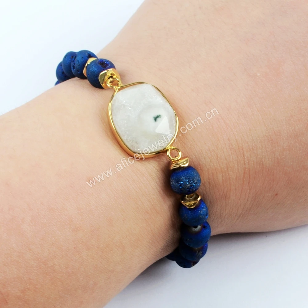 

2PCS Natural Druzy Agate Bracelet On Hand Gold Plated White Crystal Quartz Charm Bracelet Reiki Healing Jewelry Gifts