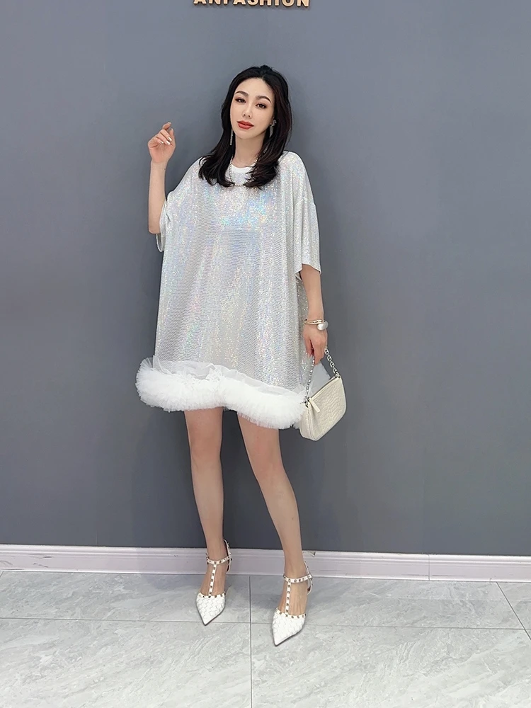 Женское платье с юбкой и блестками Длинное свободное платье-футболка оборками в