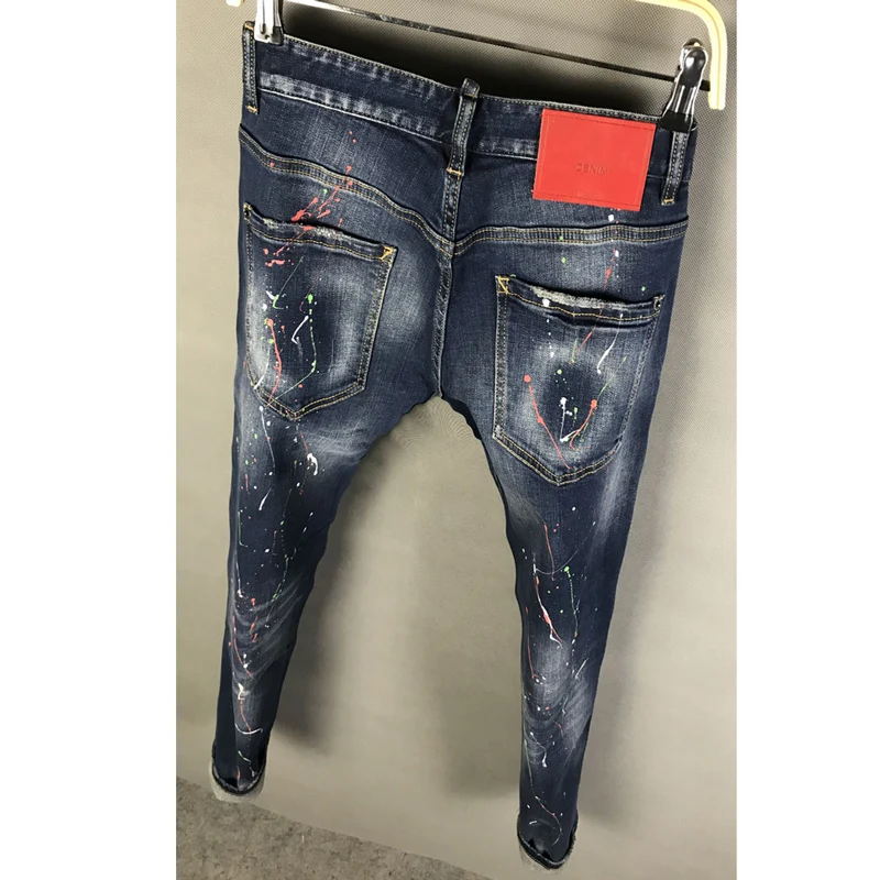 Streetwear Fashion Men Jeans High Quality Stretch Slim Fit Ripped Printed Jeans Men Painted Designer Hip Hop Brand Pants Hombre