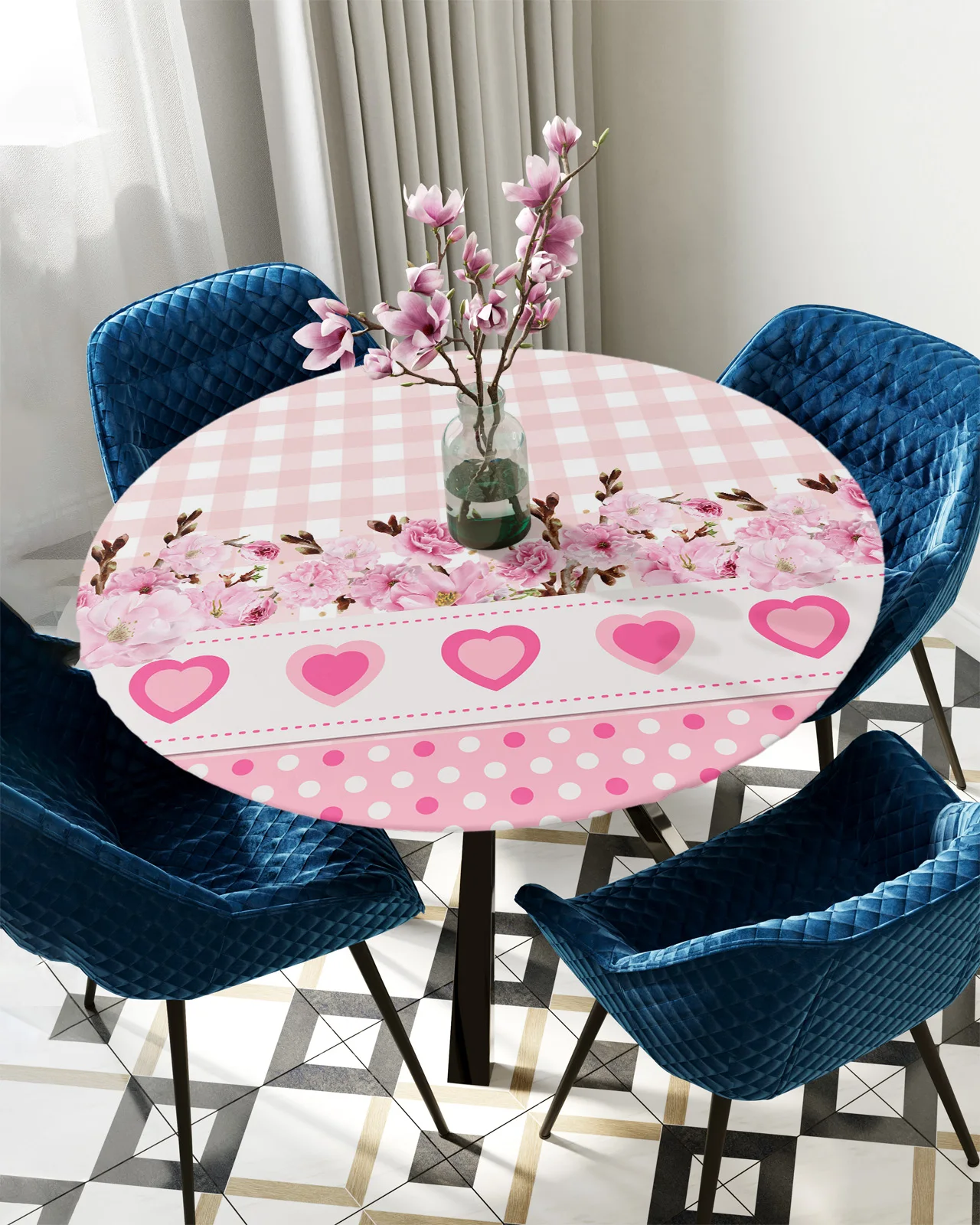 

Love Flower Pink Plaid Round Rectangular Table Cover Waterproof Elastic Tablecloth For Kitchen Table Cloth Home Decoration