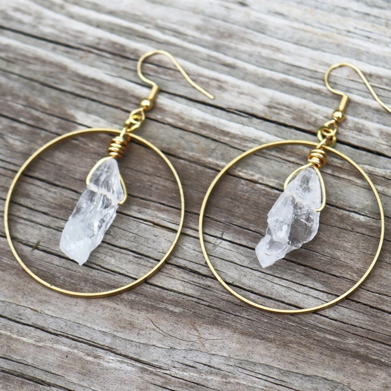 

Golden Colour Circle Earrings, Natural Irregular White Quartz Crystal Earrings, Boho Crystal Jewelry