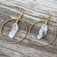 golden colour circle earrings natural irregular white quartz crystal earrings boho crystal jewelry