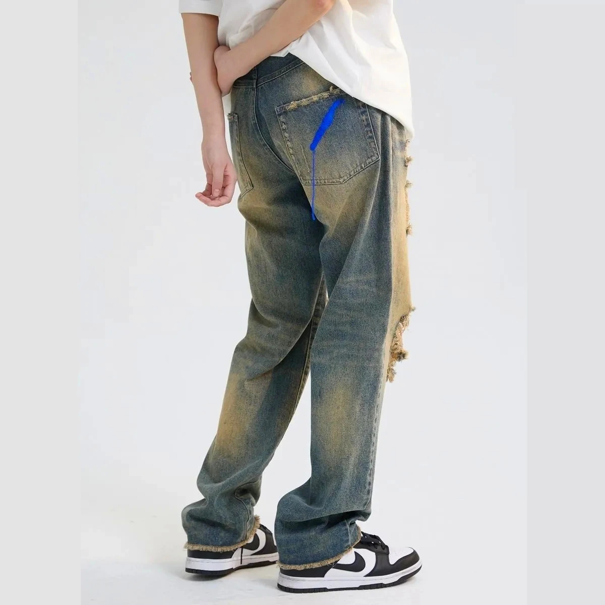 New High Waisted Ripped Jeans For Women Men Denim Pants Full Length Straight Panelled Tassel Vintage Streetwear 2022 Summer Cut