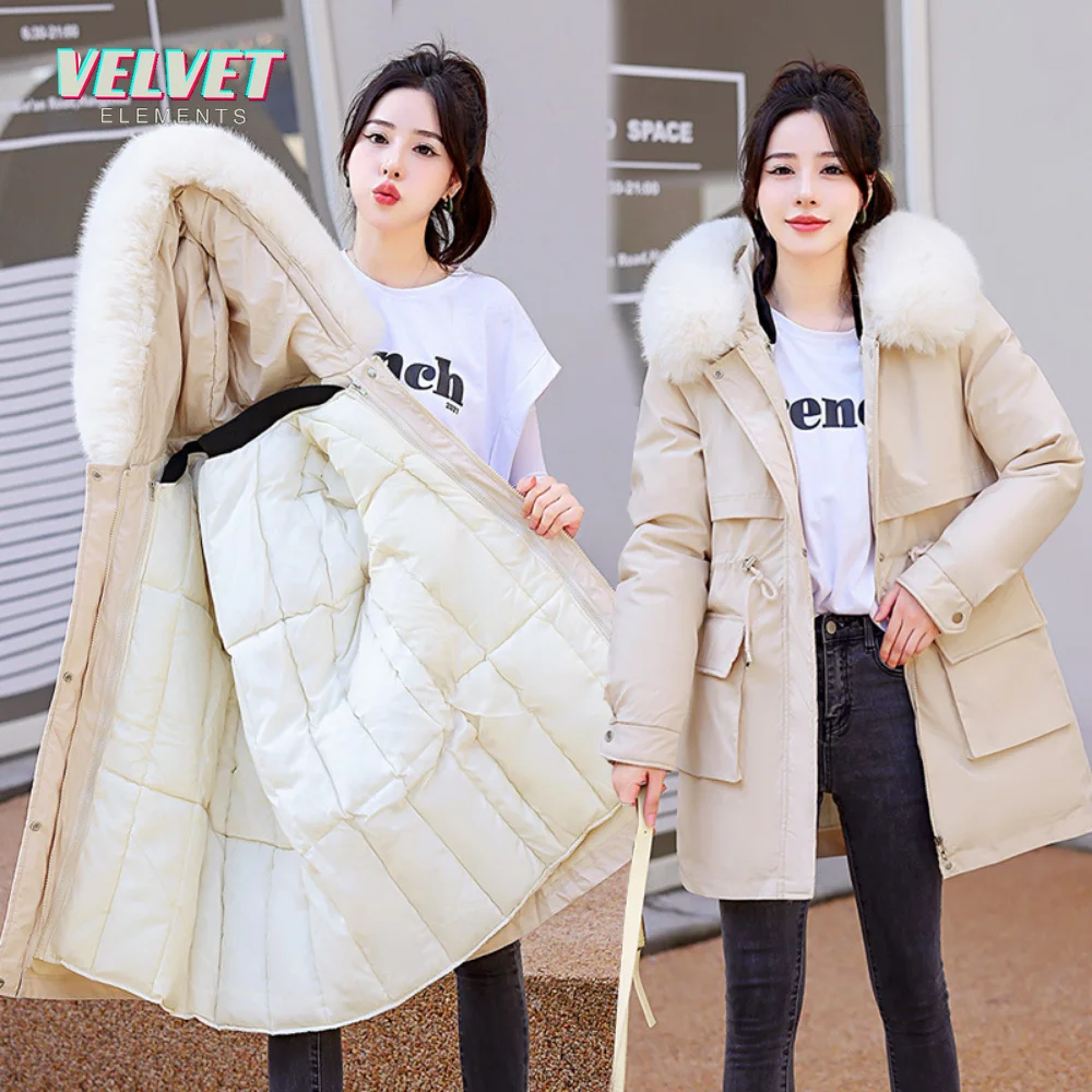 VE 2023 New Winter Jacket Women Parka Big Fur Collar Hooded Thick Warm Long Female Coat Casual Outwear Down Cotton Jacket Parkas