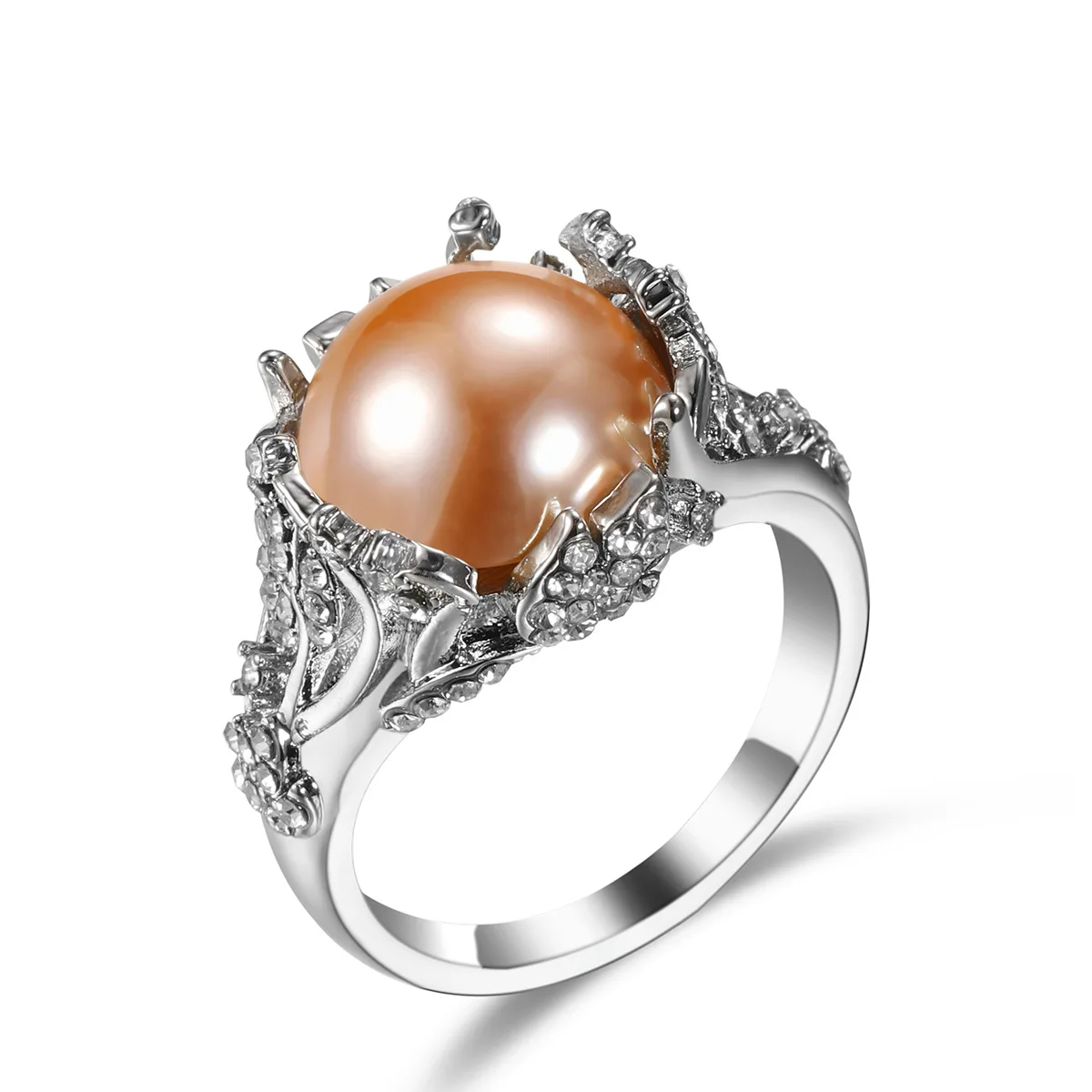 

Big Pearl Ring with Artificial Diamond for Women Fashion Creative Flower Design Girl's Finger Rings Gift