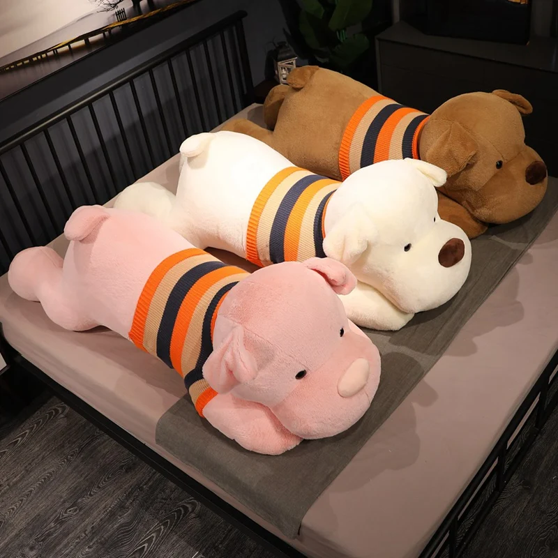 

70/100cm Kawaii Dressed Dog Pillow Stuffed Doll Stripe Sweater Soft Lying Plush Toy Cute Puppy Animals Kids Birthday Xmas Gift