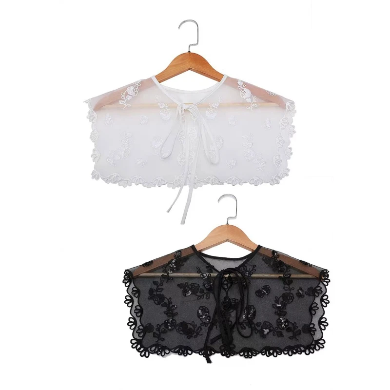 

Женская шаль с вышивкой блестками и цветочным воротником, прозрачная шаль с кружевной отделкой и бантом